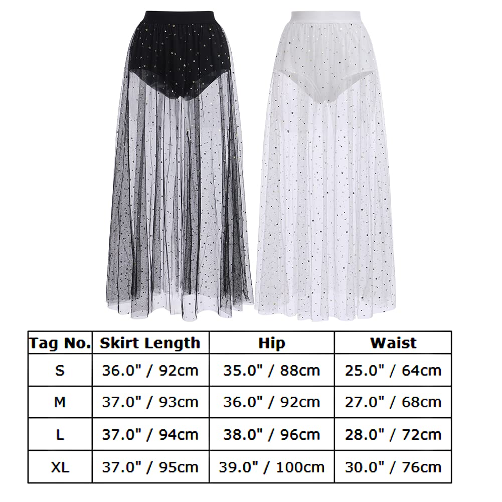 Festival Outfit Damen Rave Techno Sexy 2 in 1 Transparent Mesh Rock Shorts High Waist Maxirock Y2K Glitzer Sterne Pailletten Gothic Tüllrock Teenager Mädchen Party Streetwear Clubwear Schwarz M