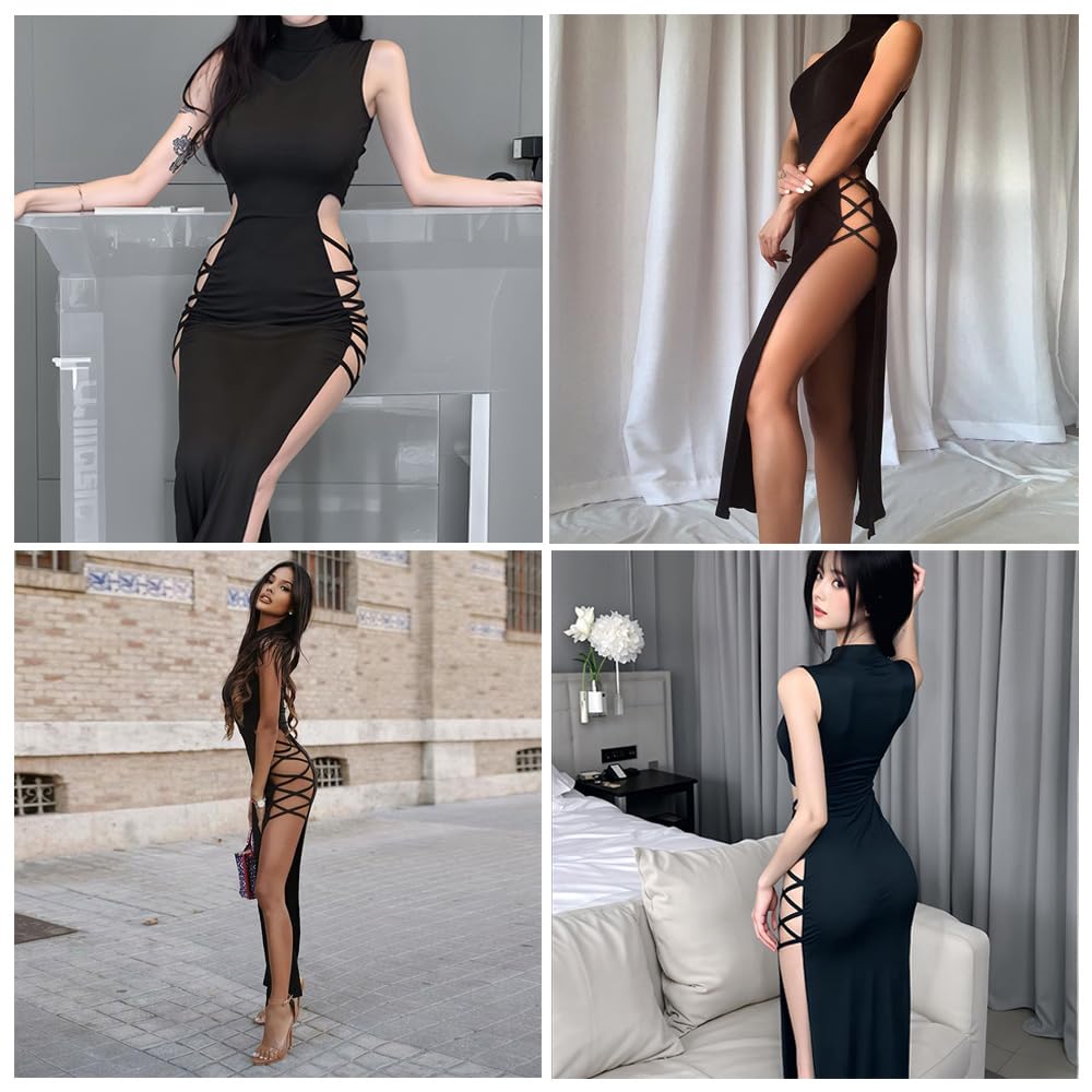 Rave Outfit Damen,Hochgeschlitztes Bodycon Kleid,Rave Outfit Damen,EDM Festival Rave Outfit,Techno Festival Outfit,Festival Sexy (L)