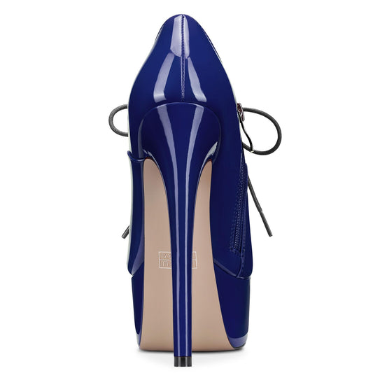Damen Hoher High Plateau Plattform Stiletto Absatz Heel Runde Zehenkappe Schnüren Schnürung Reißverschluss Hochzeit Sexy Dress 15 cm Heels Navy Blau 44 EU