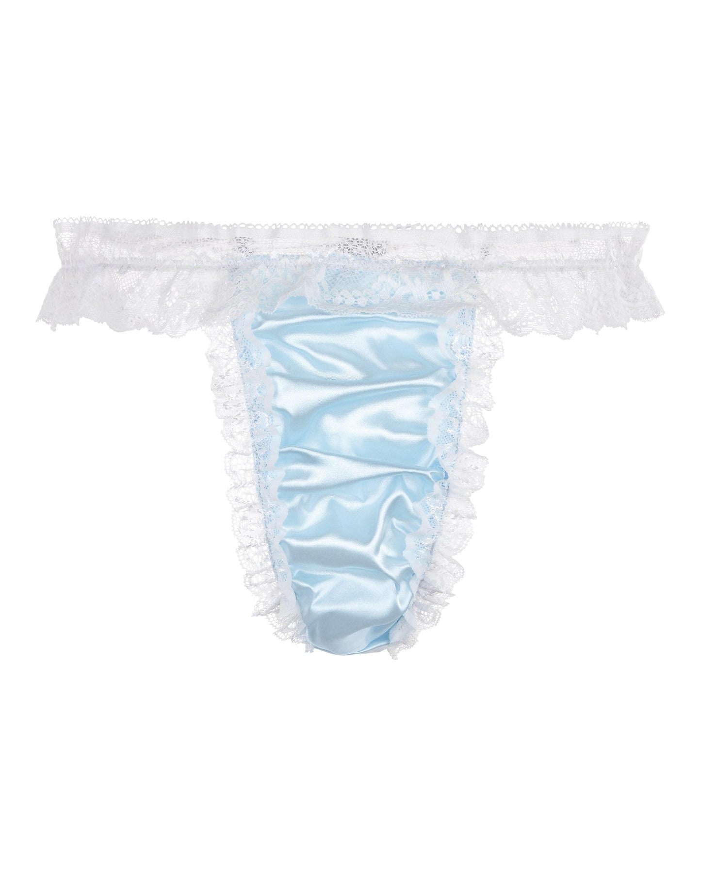 Satini Satin Gerüschte Spitze Sissy Tanga Tanga Boy-Shorts Slips Höschen Unterwäsche (Baby blau - Weiß, L)