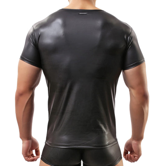 Herren Sexy T-Shirt,Lackleder Kurzarm Wetlook Top Unterhemd Fitness Latex Shirts Tank Top Slim Fit(L)