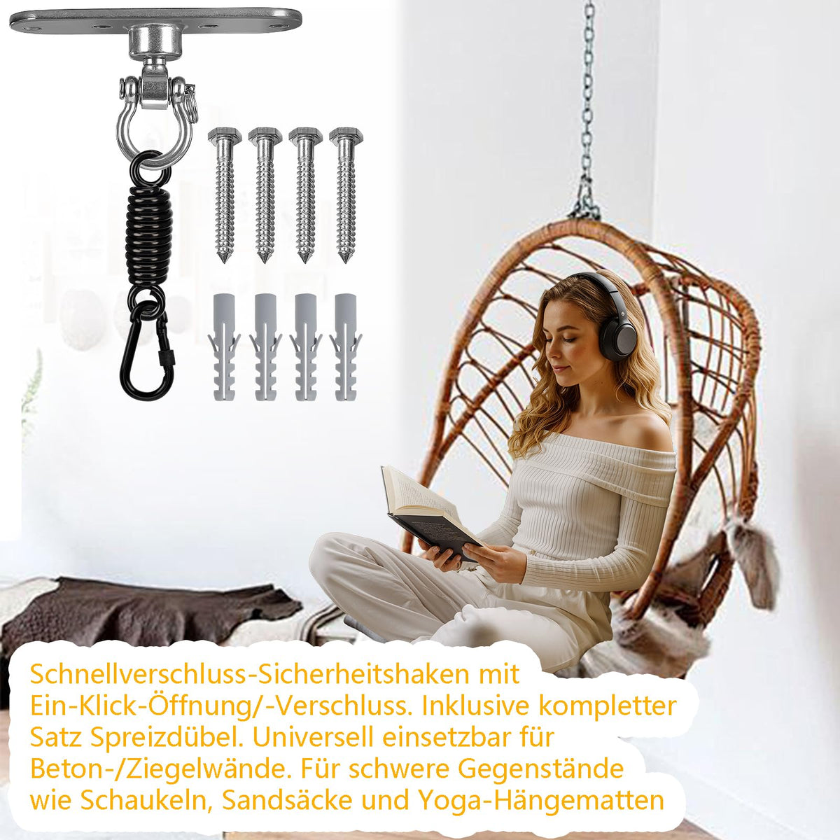 Deckenhaken Hängesessel Schwingfeder, 360° drehbar mit Lager Schwerlast Edelstahl Schaukelhaken Aufhängung Hängesessel für Hängematten Spielgeräte Sandsäcke Yoga Holzbalken und Betondecken