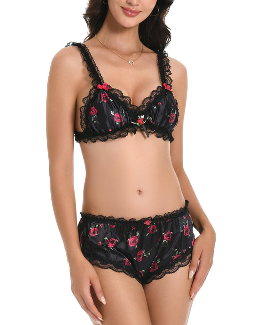 Satini Satin Gerüschte Spitze Sissy French Knickers Slips Höschen Unterwäsche (Schwarz - rote Rosen, L)