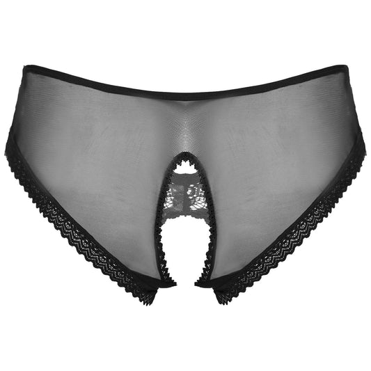 Herren Sissy Unterwäsche Ouvert Slip - Unterhose Offen Schritt Höschen Transparent mit Spitze - Dessous Reizwäsche