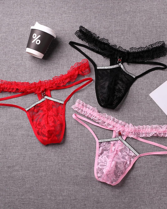Herren-Stringtanga mit Spitze, Rüschen, Tanga, femininer G-String, Unterwäsche für Herren, sexy Dessous, Schwarz, Einheitsgröße