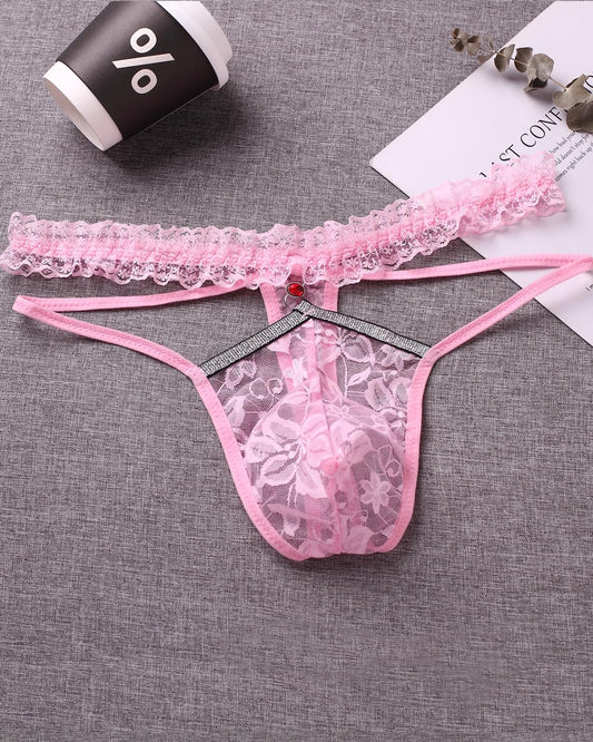 Herren-Stringtanga mit Spitze, Rüschen, Tanga, femininer G-String, Femboy - Crossdresser, Pink
