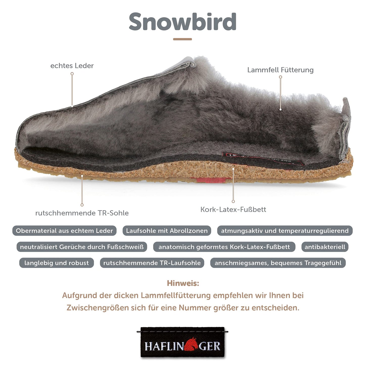 HAFLINGER Lammfellclog Snowbird Filzpantoffel Hausschuh Dunkelbraun (Kaffee 65), Gr 46
