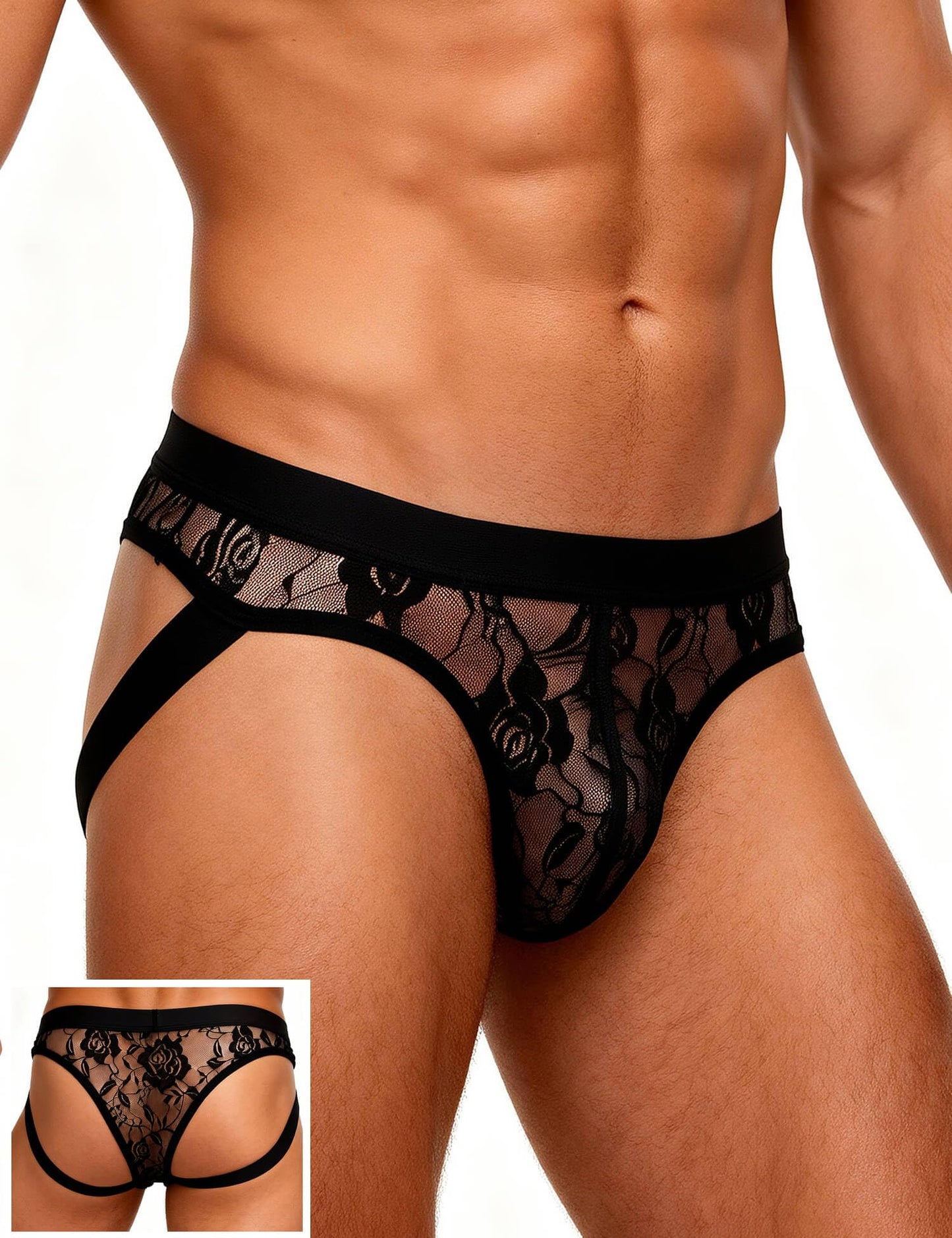 Jockstrap Männer - Gay Unterwäsche - Herren Sexy- Hinten Offen Spitze - Sissy - Mesh Unterhosen2 Pack