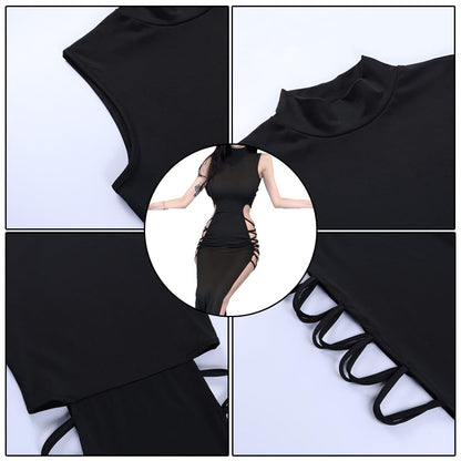 Rave Outfit Damen,Hochgeschlitztes Bodycon Kleid,Rave Outfit Damen,EDM Festival Rave Outfit,Techno Festival Outfit,Festival Sexy (L)