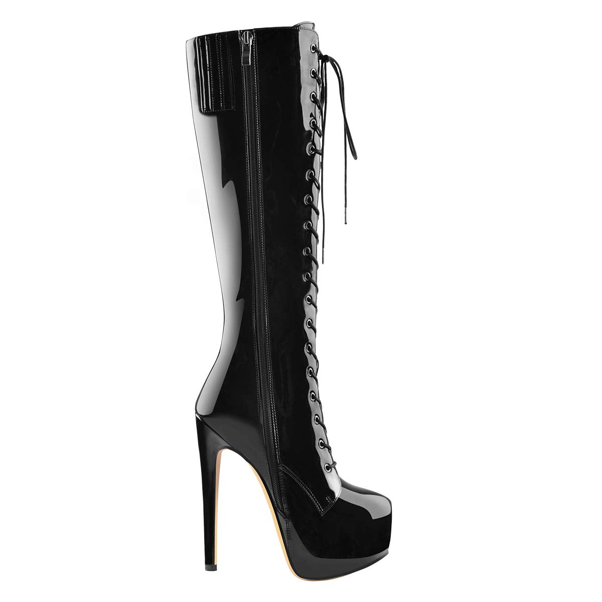 Sissy Langschaft Stiefel Stiletto Schnürstiefel Plateau Lack Schwarz 37 EU
