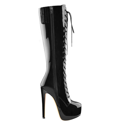 Sissy Langschaft Stiefel Stiletto Schnürstiefel Plateau Lack Schwarz 37 EU
