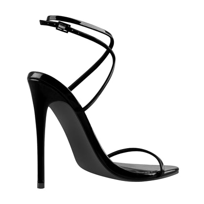 Damen Elegante Sandalen Pennyabsatz High Heels Sandaletten Riemchen Runde Offene Zehen Slingback Schuhe Lack Schwarz 45 EU