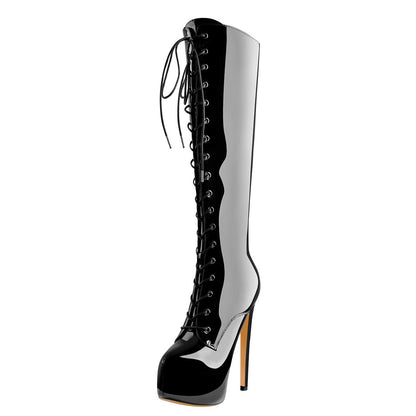 Sissy Langschaft Stiefel Stiletto Schnürstiefel Plateau Lack Schwarz 37 EU