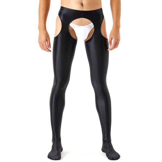 Mantuhose - Glänzende Herren Strumpfhosen Crotchless Tights Pants Sissy Unterwäsche Crotchless Sheer Leggings (Schwarz+Rosa, M)