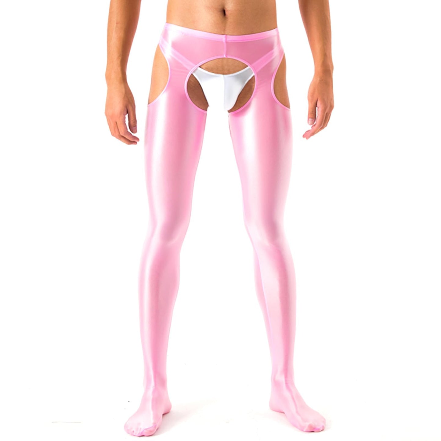 Mantuhose - Glänzende Herren Strumpfhosen Crotchless Tights Pants Sissy Unterwäsche Crotchless Sheer Leggings (Schwarz+Rosa, M)