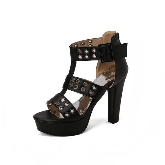 Veelau Meieer Damen Sandalen Plateau Blockabsatz Sandaletten Riemchen High Heels Schaftsandalen mit Ösen Schwarz 38 EU