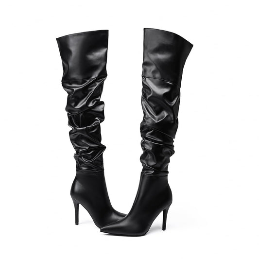 Schwarz Over The Knee Oberschenkel hohe Stiefel für Frauen Sexy Pointed Toe Side Zipper Leder Stiefel (schwarz,37)