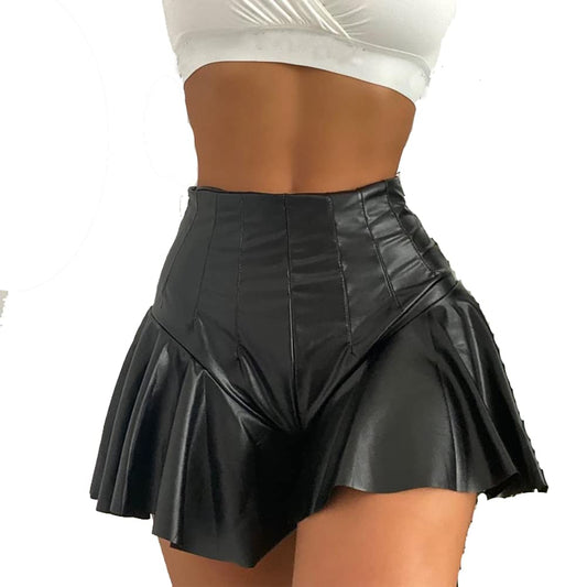Ledershorts Damen Sexy Wetlook Lack und Leder Mini Lederrock Shorts Frauen Hotpants Festival Rave Techno Pole Dance Outfit Lara Croft Kostüm Halloween Karneval Party Faschingskostüme Schwarz 10 S