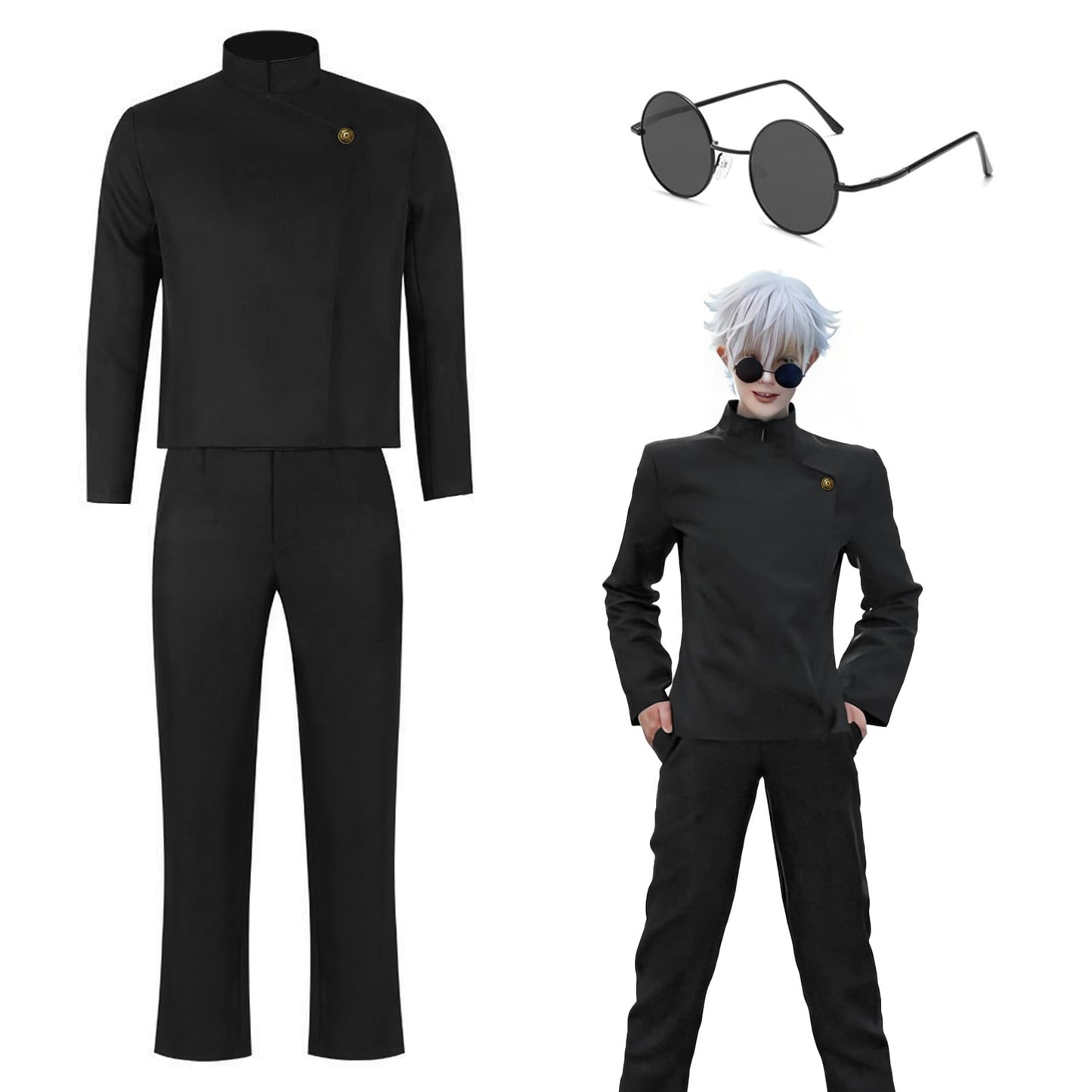 Satoru Gojo Cosplay, Schwarz Anime Cosplay Kostüm, Gojo Satoru Schuluniform Jacke mit Brille, Anime Outfits  Halloween Karneval