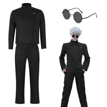 Satoru Gojo Cosplay, Schwarz Anime Cosplay Kostüm, Gojo Satoru Schuluniform Jacke mit Brille, Anime Outfits  Halloween Karneval