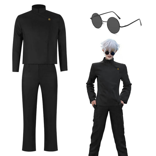 Satoru Gojo Cosplay, Schwarz Anime Cosplay Kostüm, Gojo Satoru Schuluniform Jacke mit Brille, Anime Outfits  Halloween Karneval