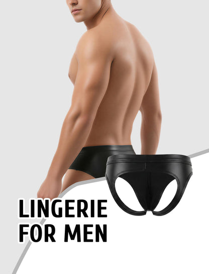 Herren Kunstleder Jockstrap G-String Tanga mit Aussparungen – Low-Rise Reizwäsche Clubwear Party Nachtwäsche Schwarz S