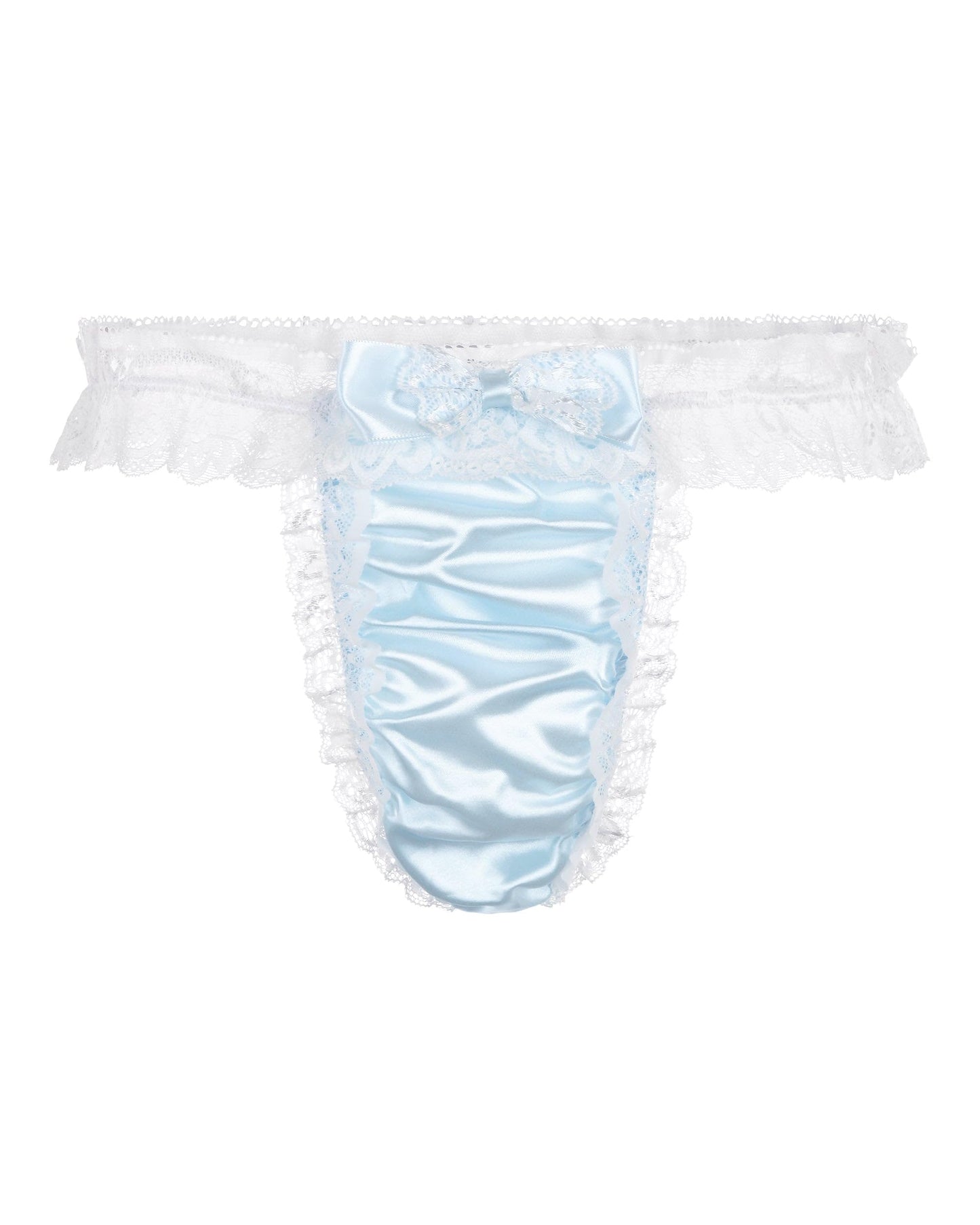 Satini Satin Gerüschte Spitze Sissy Tanga Tanga Boy-Shorts Slips Höschen Unterwäsche (Baby blau - Weiß, L)