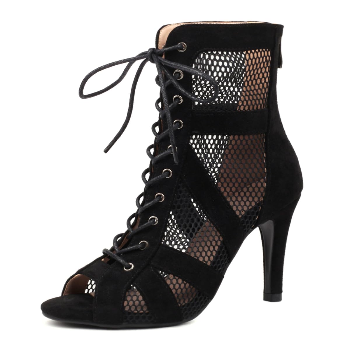 Damen Dance Heels Gladiator Sandalen Peep Toe Schnüren Zipper Burju Dance Class Schuhe Gemütlich Dress Sandalen Stiletto Wildleder Black Size 39