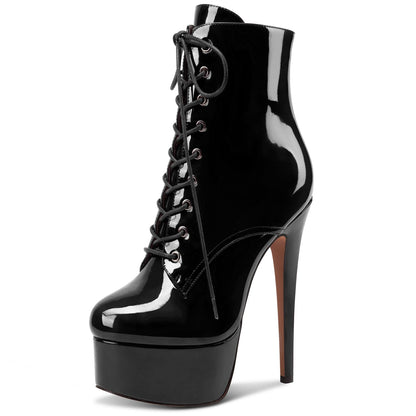 Damen Stiletto Hoher High Plateau Plattform Absatz Heel Runde Zehenkappe Schnüren Schnürung Reißverschluss Dress Klassisch Stiefeletten Schwarz Lackleder 42 EU