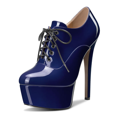 Damen Hoher High Plateau Plattform Stiletto Absatz Heel Runde Zehenkappe Schnüren Schnürung Reißverschluss Hochzeit Sexy Dress 15 cm Heels Navy Blau 44 EU