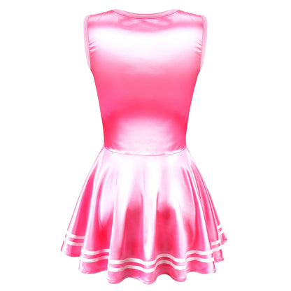 LittleForBig Unisex Seidiger Ärmelloser Overall Glänzender Satin Cheer Sissy Bodycon Mini Kleid Rock Hot Pink XL