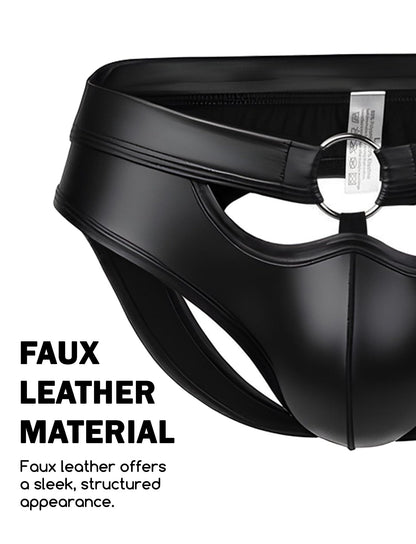 Herren Kunstleder Jockstrap G-String Tanga mit Aussparungen – Low-Rise Reizwäsche Clubwear Party Nachtwäsche Schwarz S