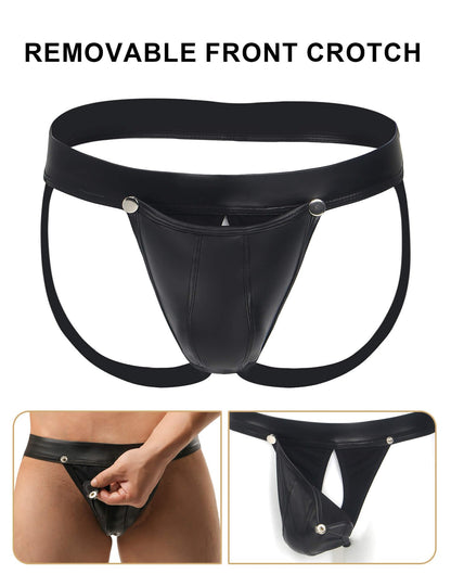 PU Leder Strings für Herren Tanga mit Öffnung Sexy Unterwäsche Große Größen Dessous Reizwäsche Ouvert Slip Wetlook Unterhosen Thong Low-Rise Pouch Underwear Jockstrap Briefs Schwarz S
