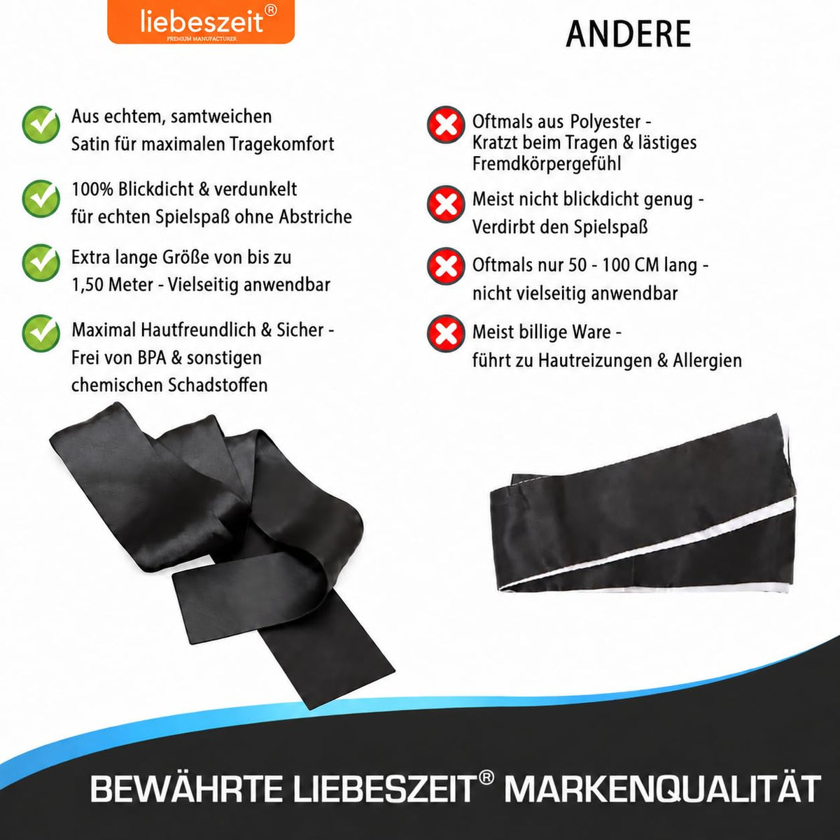 LIEBESZEIT© Premium Augenbinde für Frau Sex - Erotische Augenmaske Augenbinde Schwarz Blindfold Mask aus Satin - 100% Blickdicht Fesseln Bondage Sextoysets Sexpielzeug für Paare Extrem