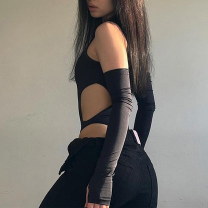Sexy Hollow Out Bodysuit Langarm Schwarz Teddy Gothic Party Club Rave Outfit Techwear Festival Jumpsuit