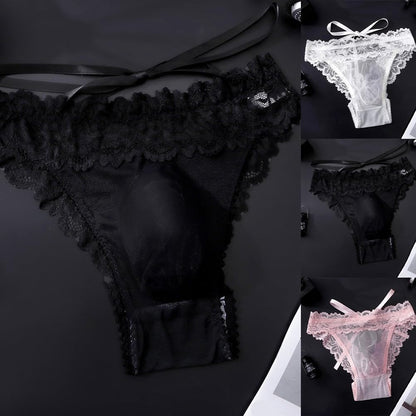 Herren Slip Aus Spitze Und Netz Mit Schleife Durchsichtig 3d Beutel Atmungsaktiv Ice Silk Unterwäsche Reizwäsche Schwarz Größe M(M Pink)