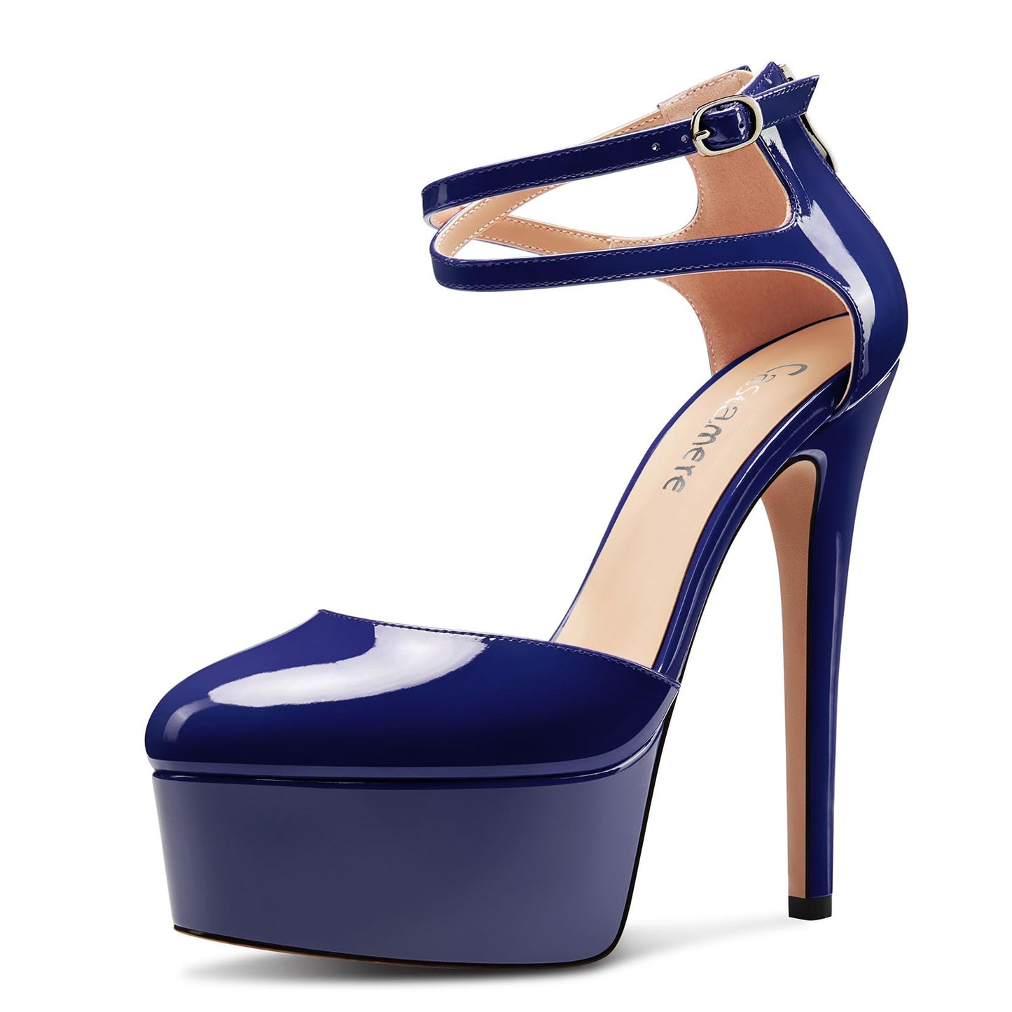 Damen Stiletto Hoher High Plateau Plattform Absatz Heel Runde Zehenkappe Knöchelriemen Pumps Hochzeit Abschlussball Dress 15 cm Heels Marineblau 42 EU