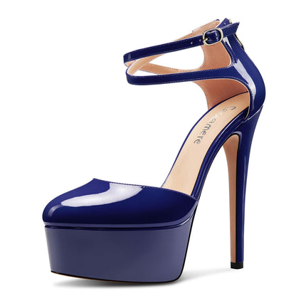 Damen Stiletto Hoher High Plateau Plattform Absatz Heel Runde Zehenkappe Knöchelriemen Pumps Hochzeit Abschlussball Dress 15 cm Heels Marineblau 42 EU