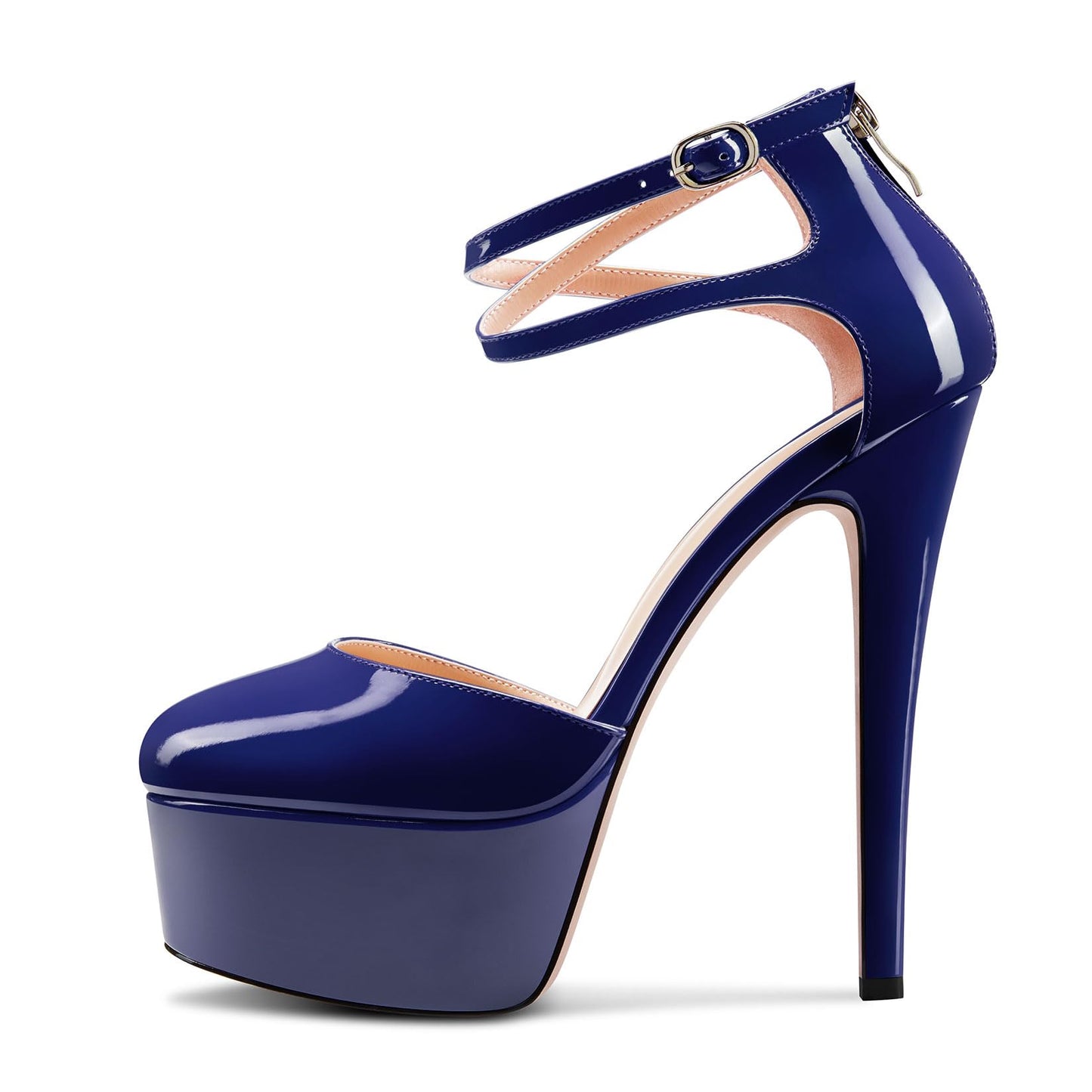 Damen Stiletto Hoher High Plateau Plattform Absatz Heel Runde Zehenkappe Knöchelriemen Pumps Hochzeit Abschlussball Dress 15 cm Heels Marineblau 42 EU