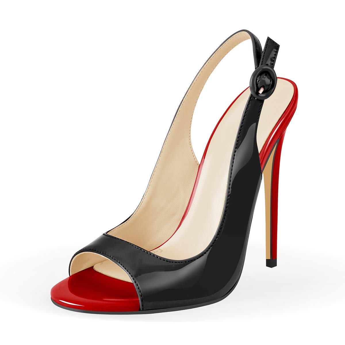 Damen Sandaletten Stiletto High Heels -offene Zehen Slingback Sandaletten mit Riemchen Schnalle Lack Zweifarbig Schwarz Rot 41 EU