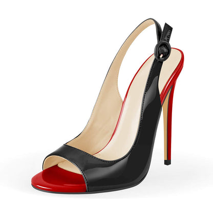 Damen Sandaletten Stiletto High Heels -offene Zehen Slingback Sandaletten mit Riemchen Schnalle Lack Zweifarbig Schwarz Rot 41 EU