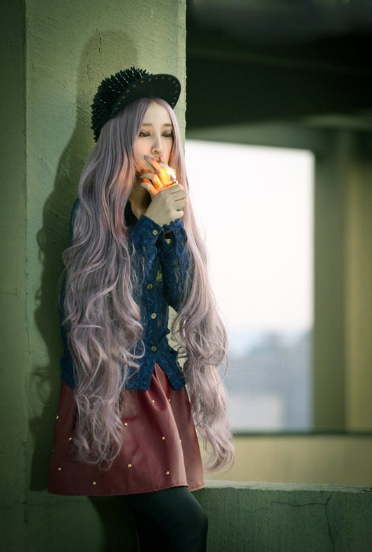 Fouriding 100cm Damen Taro+Braun Kunsthaar Lange Perücke Langhaarperücke Long Curly Wig Langhaar Lockige Perücken für Karneval Cosplay Party Fasching Kostüm Anime Haarteile