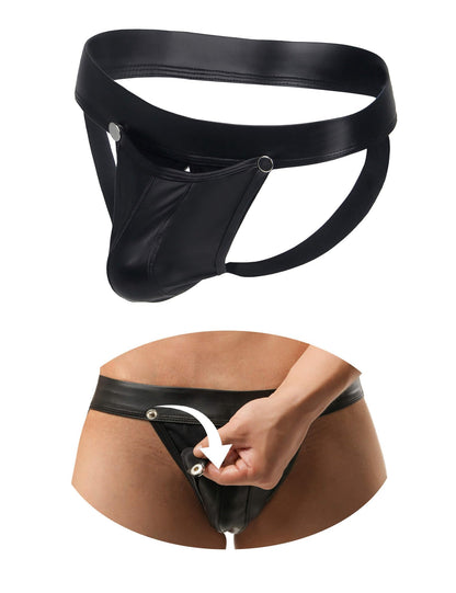 PU Leder Strings für Herren Tanga mit Öffnung Sexy Unterwäsche Große Größen Dessous Reizwäsche Ouvert Slip Wetlook Unterhosen Thong Low-Rise Pouch Underwear Jockstrap Briefs Schwarz S