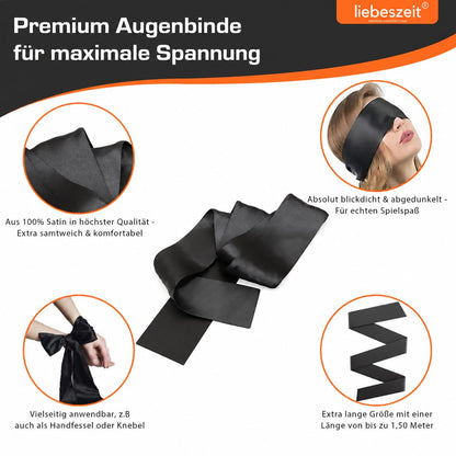 LIEBESZEIT© Premium Augenbinde für Frau Sex - Erotische Augenmaske Augenbinde Schwarz Blindfold Mask aus Satin - 100% Blickdicht Fesseln Bondage Sextoysets Sexpielzeug für Paare Extrem