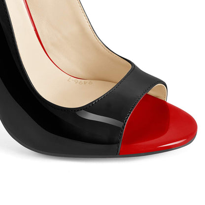 Damen Sandaletten Stiletto High Heels -offene Zehen Slingback Sandaletten mit Riemchen Schnalle Lack Zweifarbig Schwarz Rot 41 EU