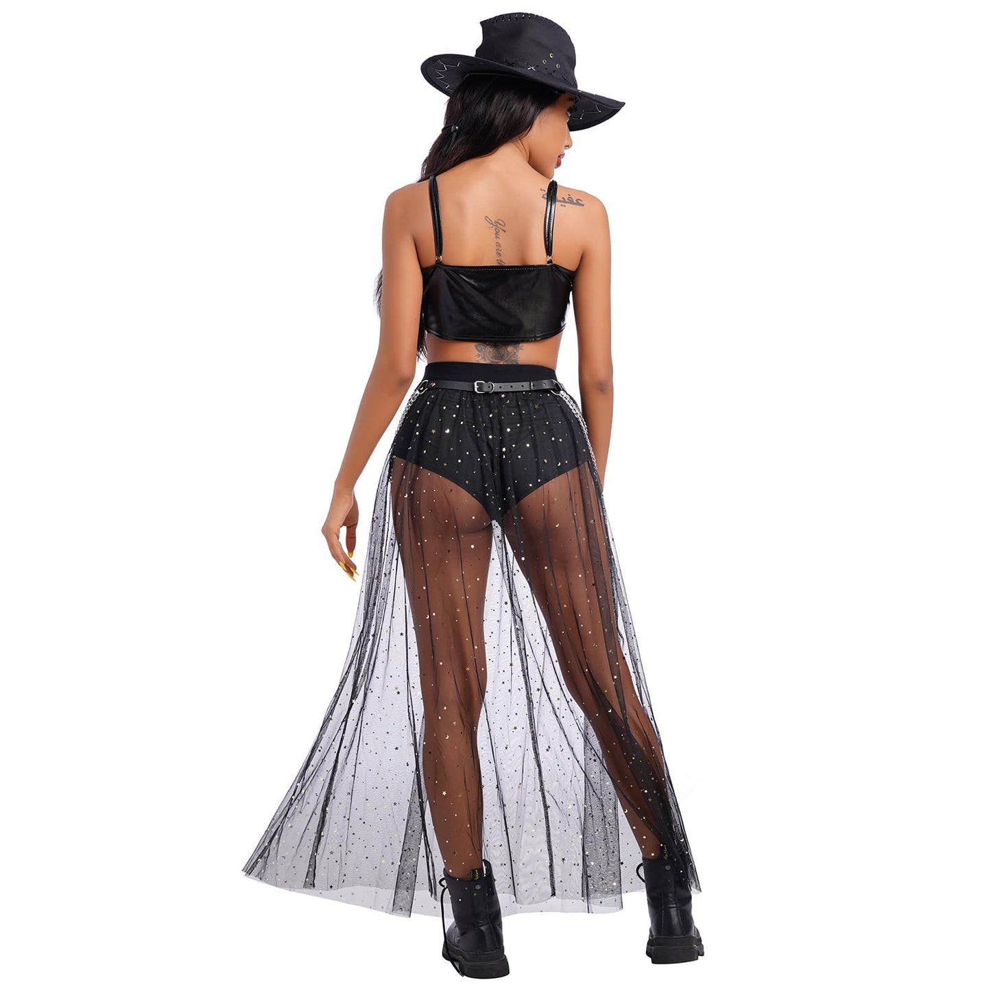 Festival Outfit Damen Rave Techno Sexy 2 in 1 Transparent Mesh Rock Shorts High Waist Maxirock Y2K Glitzer Sterne Pailletten Gothic Tüllrock Teenager Mädchen Party Streetwear Clubwear Schwarz M