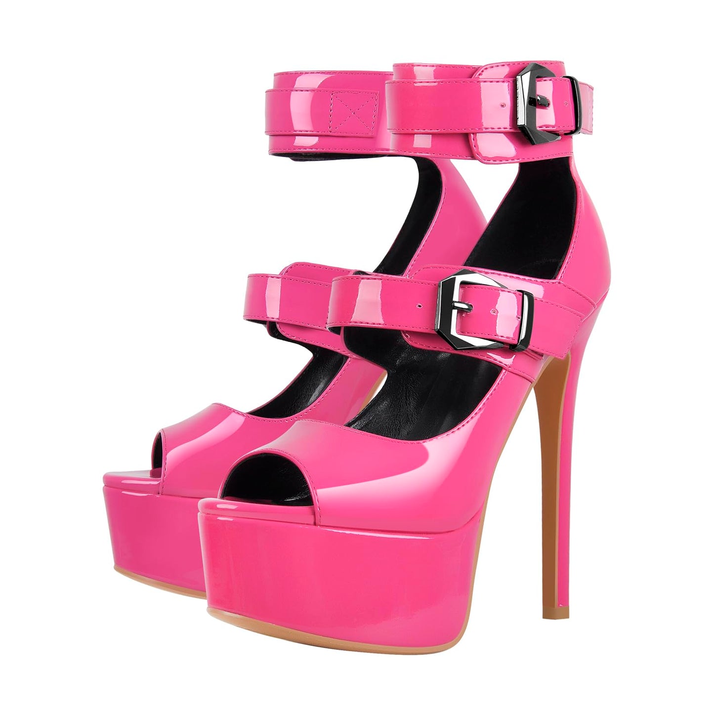 MissHeel Plateau Peep Toe Pumps Schnallen Absatzschuhe High Heels Stilettos Rosa EU 38