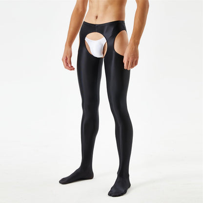 Mantuhose - Glänzende Herren Strumpfhosen Crotchless Tights Pants Sissy Unterwäsche Crotchless Sheer Leggings (Schwarz+Rosa, M)