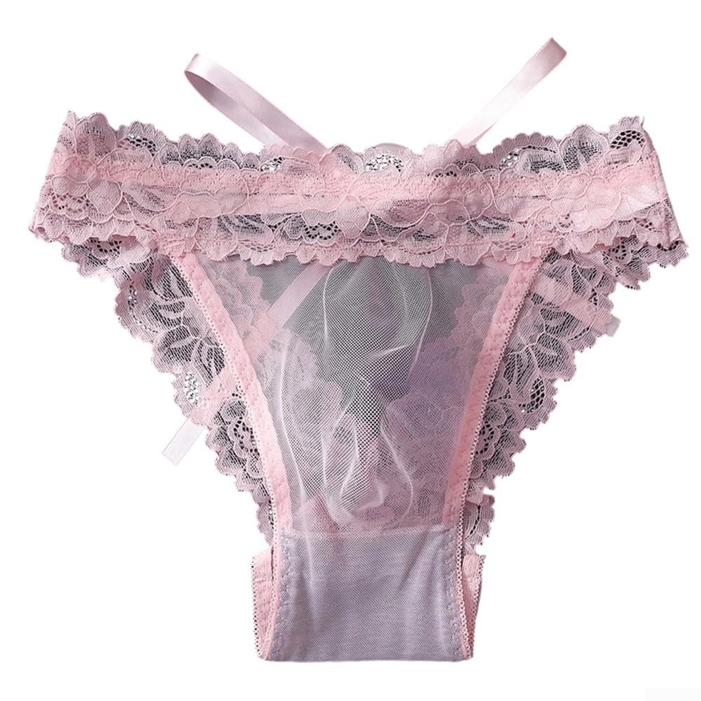 Herren Slip Aus Spitze Und Netz Mit Schleife Durchsichtig 3d Beutel Atmungsaktiv Ice Silk Unterwäsche Reizwäsche Schwarz Größe M(M Pink)