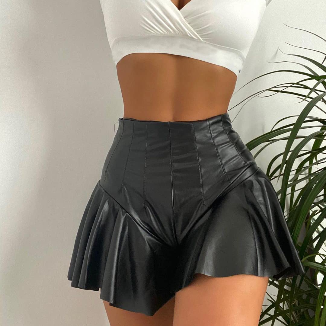 Ledershorts Damen Sexy Wetlook Lack und Leder Mini Lederrock Shorts Frauen Hotpants Festival Rave Techno Pole Dance Outfit Lara Croft Kostüm Halloween Karneval Party Faschingskostüme Schwarz 10 S